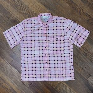 New Topshop Women's Pink Plaid Button Up T Shirt Silk Satin Polyester Pocket